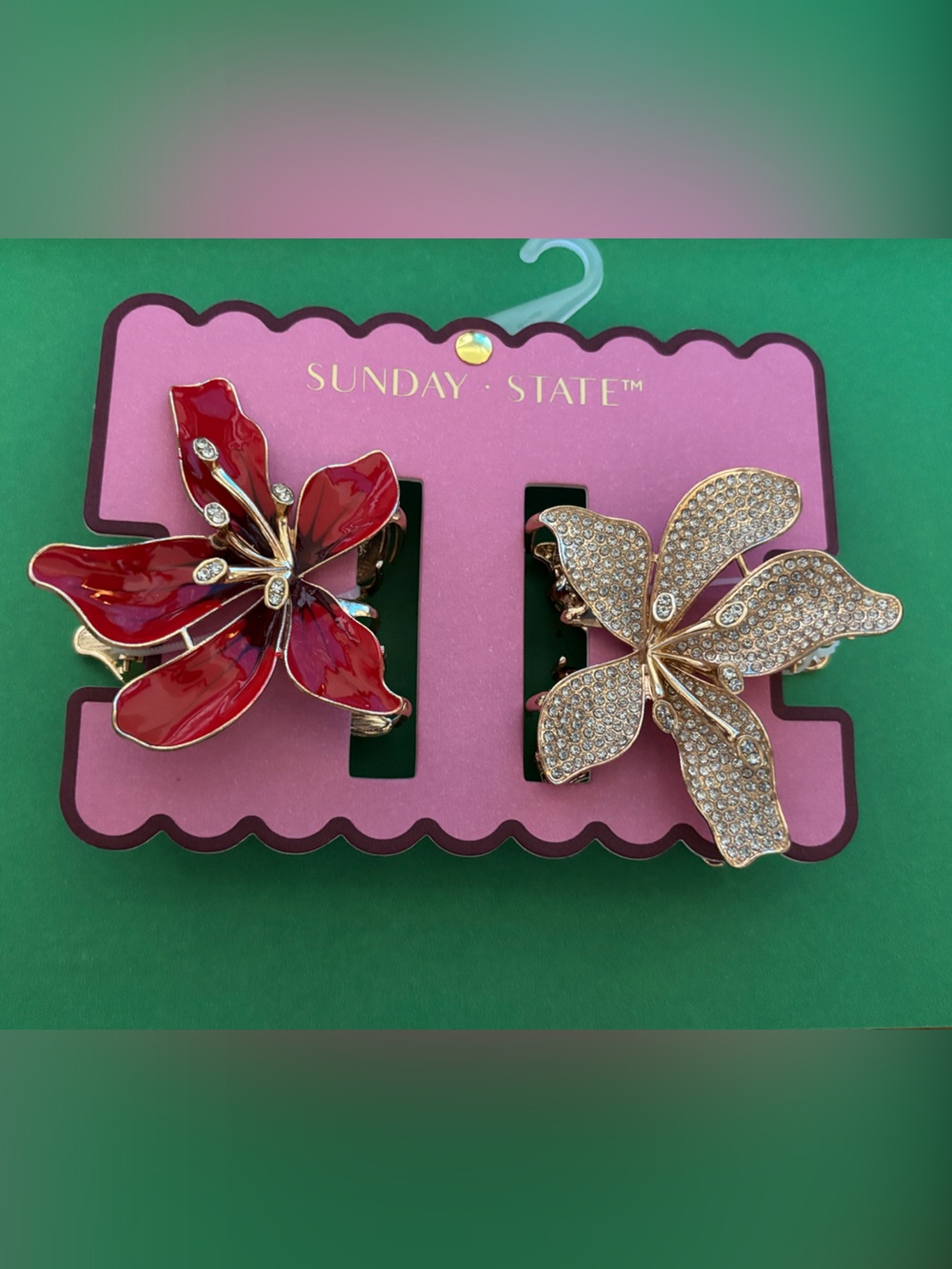 Sunday State Red Enamel & Gold Crystal Floral Hair Clip Duo